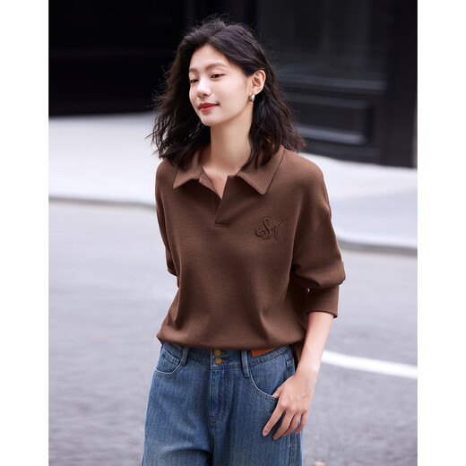 Demana polo collar sweatshirt winter style embroidered decoration casual versatile plus velvet sweatshirt for women brick coffee color L