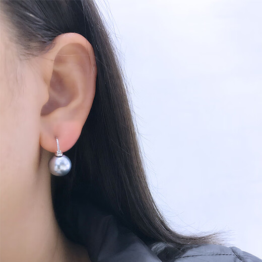 Fujiu Platinum Gray Natural Tahitian Earrings Black Pearl Earrings 18K Gold Dong Qing Same Style Earrings Seawater Pearl Earrings Platinum Gray Pearls 14-14mm