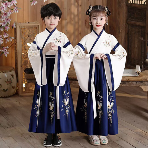 儿童古装汉服国学服中国风小学生朗诵三字经弟子规开笔礼演出服装 云飞鹤直袖红色【男女同款】 130 cm