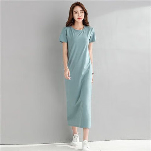 Vanmocho Super langes Kleid mit kurzer Ärmel-Baumwoll-Over-Knie-T-Shirt-Rock für Frauen schlanker Fit und schlanker Sommerschlitz-Knöchelrock für Frauen grau 9905 langer Rock M.