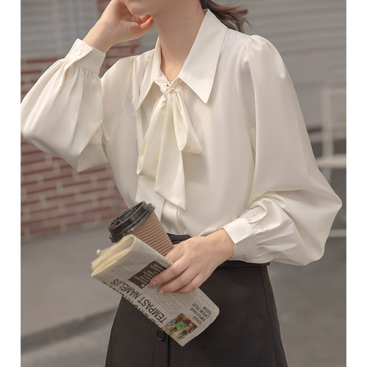 Harudi white long-sleeved shirt women's French bow spring and autumn chiffon commuting design lantern sleeve ribbon professional top white L (recommended 110-130)