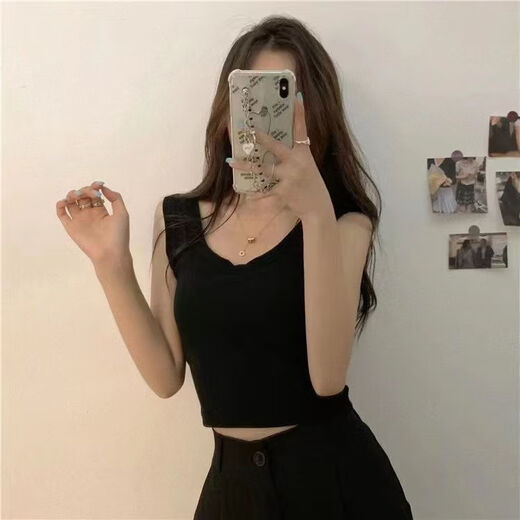 Modal solid color I-shaped back suspender vest for women with breast pads and bottom shirts can be put together to wear sports vests for women. Black + white (clothes length 38cm) L (90-110Jin [Jin equals 0.5 kg])