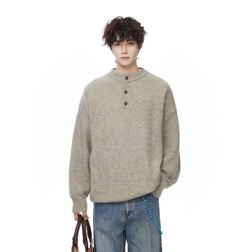 Katuchi gray American high street Henley collar sweater for men in spring and autumn loose trendy bottoming sweater jacket with sweater inside black L