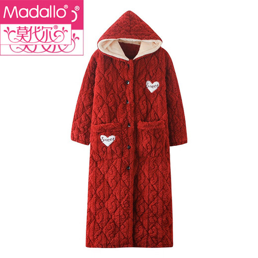 Modal Herbst und Winter Flanell Baumwoll Nachthemd für Frauen Dreischicht verdickte, verlängerte Pyjama-Taste mit Kapuze und Samt Bademantel 9871# M (160)