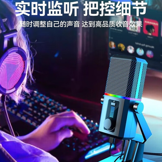Fashion tribal USB desktop microphone game multimedia cantilever stand computer microphone karaoke microphone noise reduction live sound card voice recording conference microphone wired condenser microphone HK2 black RGB-desktop vertical model