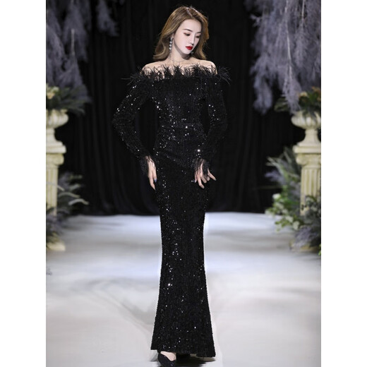 Chuangjing Yixuan Annual Meeting Dress for Women High-end Sequin Evening Dress for Women One Shoulder Sexy Long Sleeve Mermaid High-End Light Luxury Niche Black 2XL