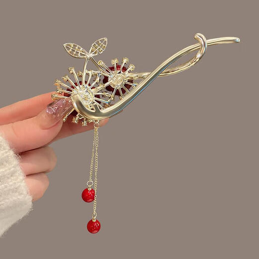Shiyoushang red flower tassel hairpin wedding celebration mother-in-law tiara elegant cheongsam bun hair clip mother style cherry tassel