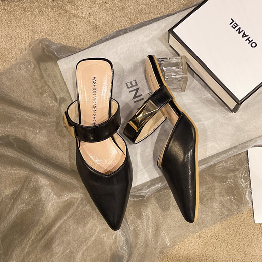 Pequeño tamaño de la bolsa de la bolsa media para mujeres en el verano Wear 2025 Nuevo temperamento francés Tacón grueso zapatillas individuales zapatillas altas tacón negro (Rongda/9923) 38