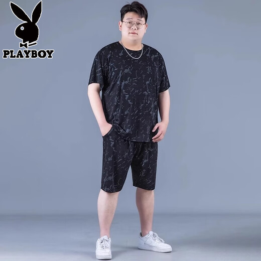 Playboy Ice Silk Sports Sport Summer Summer de gran tamaño para hombres Camiseta de secado rápido para hombres grasas grasas más grasas de manga corta suelta PZ826 SET DE SEDA ICE NEGRO DE ALTA CALIDAD 8XL Recomendado 270-300Jin [Jin equivale a 0.5 kg]