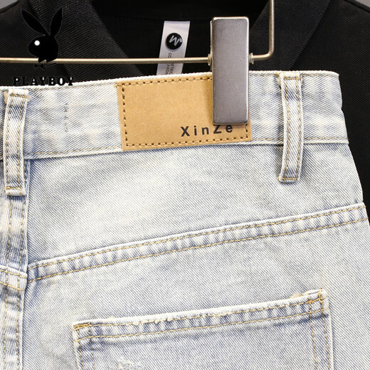 Playboys neue sommerliche, hell weiße Katzen-Katze Whisker riss Denim Vier- und Fünf-Punkte-Hosen für Männer schlanke Füße vielseitige trendige Shorts (T693) Blau 29 (Empfohlen 100-110Jin [Jin entspricht 0,5 kg]))
