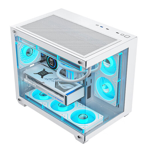 AOCCG392 MATX-Raumgehäuse mit Meerblick ohne Säulen, Panorama-Seitenansicht, ITX-Computer-Hauptgehäuse, hochwertiges Desktop-DIY-Spiel E-Sport, unterstützt 360 wassergekühltes Weiß, CG392W weiß + 6 T120-Lüfter, standardmäßig 2 negativ und 4 positiv