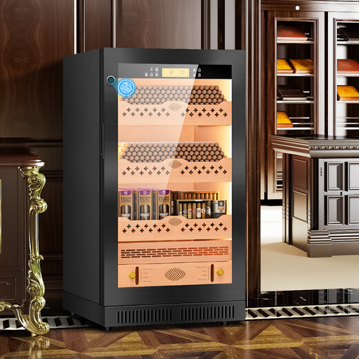 FUKE FK-22C cigar cabinet household cedar wood liner shelf variable frequency air-cooled frost-free compressor WiFi remote intelligent control fingerprint lock constant temperature and humidity cigar moisturizing smoke cabinet light luxury black cedar wood liner WiFi + purified ammonia + constant temperature and humidity