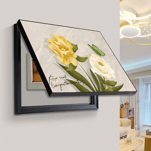 Distribution box decorative painting blocking cream style peony flower restaurant dining room meter box box power main switch hanging painting B style cream peony gold frame 70X50 accommodates 62*42 flip-up model aluminum alloy frame