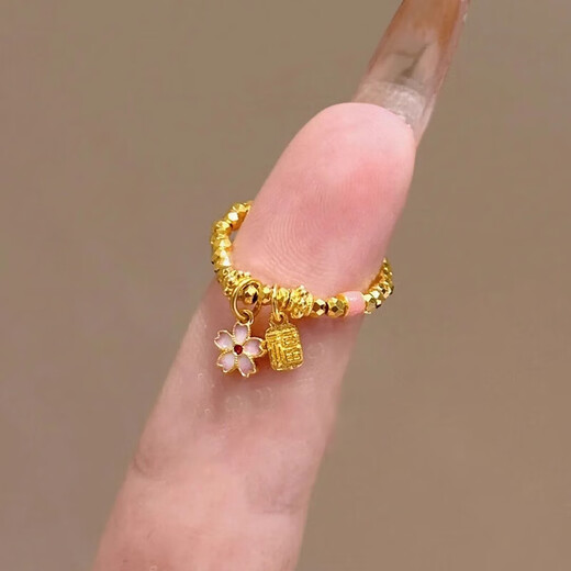 GRAYCEWODY gold ancient method Fu brand cherry blossom elastic ring faceted transfer beads exquisite ring Chinese index finger ring Fu brand cherry blossom ring-gold same style