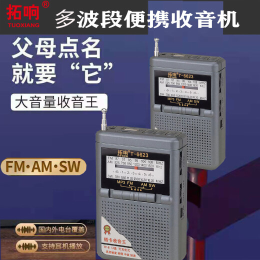 拓响T-6623便携式收音机老式全波段袖珍老人外放迷你半导体播放器 银灰色 官方标配（配充电线