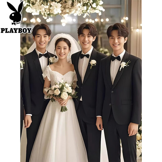 Playboy Groomsmen Wear Men's Wedding Dress Bridesmaid Suit Groom Business Casual Suit Slim Formal Suit Black Vest+Shirt+Trousers Free Bow Tie XL