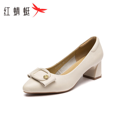 
Red Dragonfly Leap Moon Shoes High Heels 25 Spring Thick Heels Women's Shoes Pointed toe Workplace Small Leather Shoes Single Shoes WLB15124 Beige White 37
