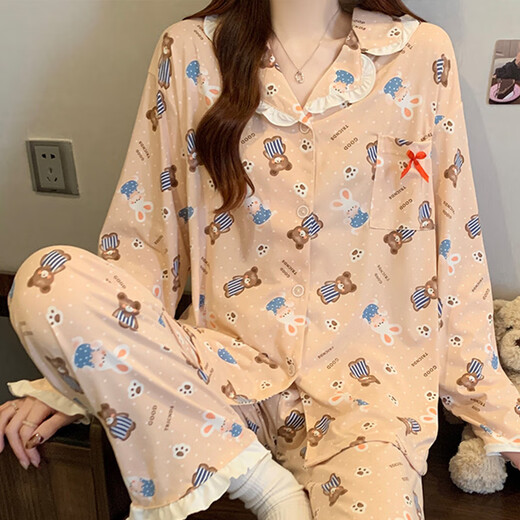 Molianya süßer Stil süßer Pyjamas für Frauen im Frühling und Herbst Sommer Langarm Dünne Schüler Prinzessinstil Cartoon Sommer Home Clothing Set 3523# Falten Stoff Doppellänge Kulomi M 75-100jin [Jin gleich 0,5 kg]