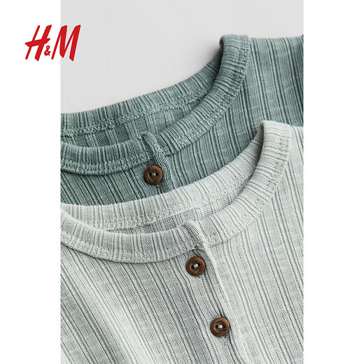H&M children's clothing baby boy T-shirt 2-pack autumn soft ribbed henley shirt 1186789 gray green/light gray green 80 59/40 1-2M