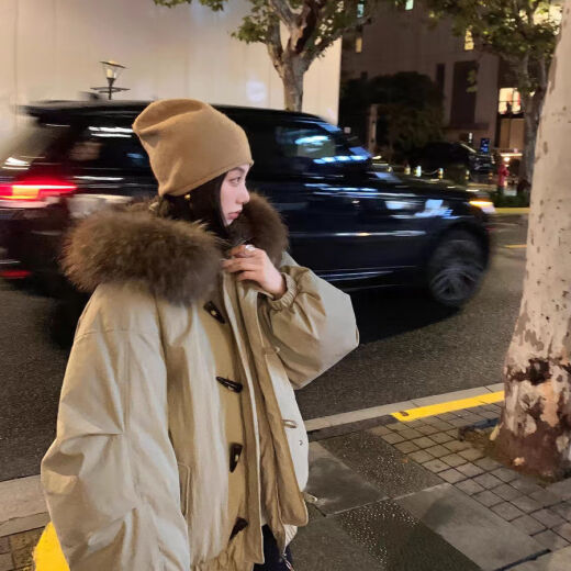 HPFY潮牌派克服保暖女款12041牛角派毛毛棉服款2024冬季棉袄毛领宽松 藏蓝色 M 90-105