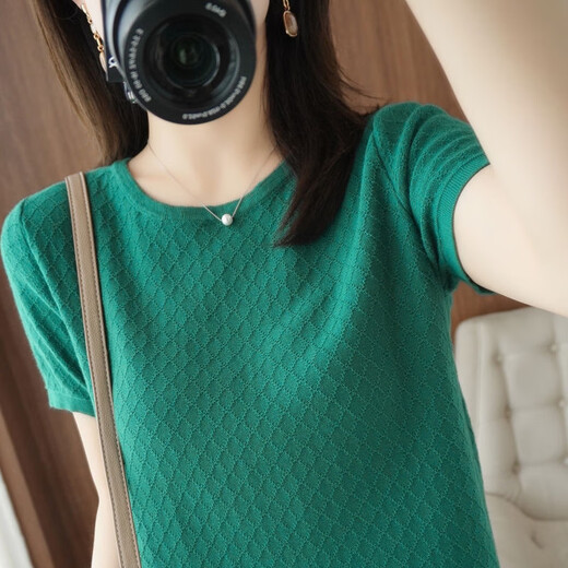 Дэн Pretty Xinjiang Cotton's Новый летний вязаный вязаный круглое шея с короткими рукавами.