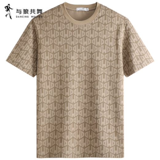 与狼共舞【满身印花】含桑蚕丝短袖T恤2025夏季新款圆领抗菌凉感上衣6035 卡其701 XL (180)