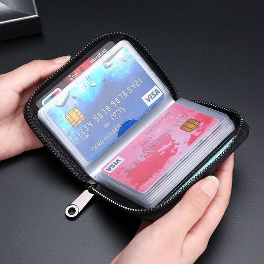 Genuine leather anti-degaussing card holder for men and women, compact anti-theft swiping bank card holder, large capacity multi-functional ID holder, card holder, first layer cowhide, 22 card slots, black card degaussing/anti-degaussing, anti-theft swiping-/anti-degaussing