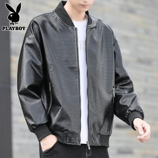 Playboy (PLAYBOY) motorcycle leather jacket men's 2025 spring trendy brand handsome baseball uniform casual jacket men's YH22 black XL