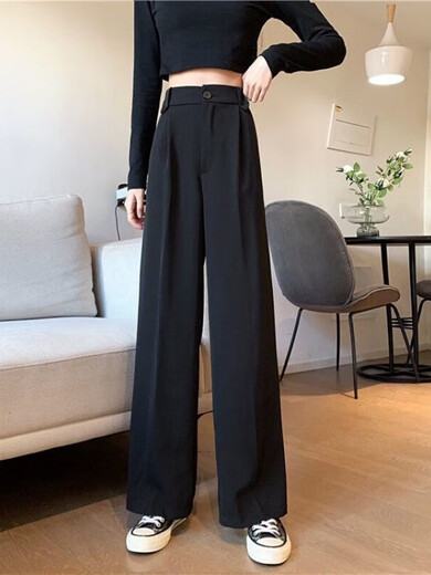 FHHUABD黑色西装裤女春秋薄款韩版高腰垂感显瘦直筒宽松阔腿拖地休闲 1047#黑色一纽扣款 均码 s建议94斤内穿