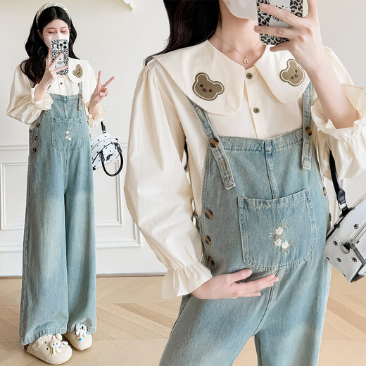 JOYNCLEON maternity overalls spring and summer 2025 new outer wear loose embroidered jeans maternity suit suit shirt + overalls L