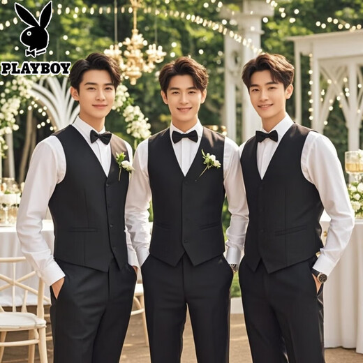 Playboy Groomsmen Wear Men's Wedding Dress Bridesmaid Suit Groom Business Casual Suit Slim Formal Suit Black Vest+Shirt+Trousers Free Bow Tie XL