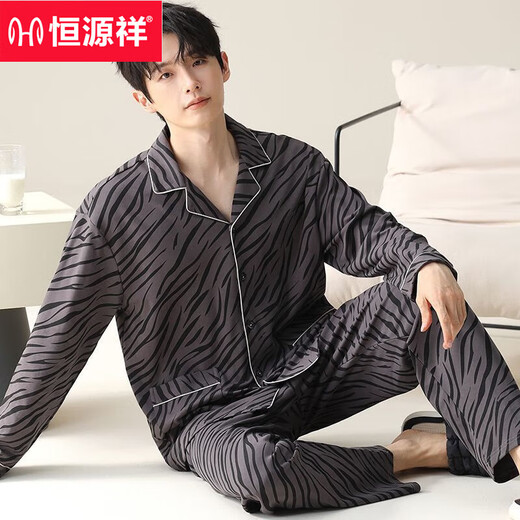 Hengyuanxiang cotton pajamas men's spring and autumn long-sleeved lapel loose plus size can be worn on the outside for men's home clothing set OMM12004 2XL [140-160Jin[Jin equals 0.5 kg]]