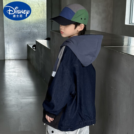 Veste Disney Boys '2025 Spring and Automn Children's Color Blocking Denim Veste de glissière pour enfants de taille moyenne Bleu 120 cm