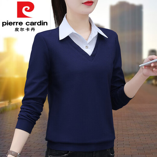 皮尔卡丹（pierre cardin）假两件衬衫女长袖春秋新款中年妈妈衬衣洋气卫衣针织加绒打底上衣 WS5009咖啡 M 建议80-105斤