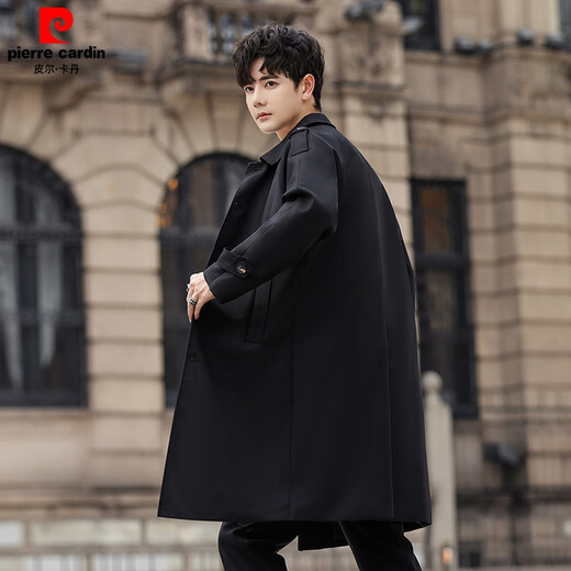 Pierre Cardin Veste de brise-vent de tempérament à mi-long pour hommes pour hommes de la couleur unie lâche et automne Nouveau style britannique Simple Black L recommandé 140 Jin [Jin est égal à 0,5 kg]