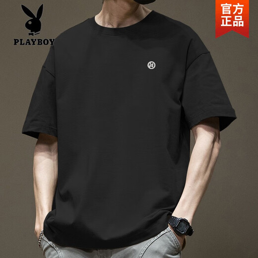 花花公子（PLAYBOY）短袖t恤男日系简约刺绣纯棉半截袖夏季新款宽松百搭潮流港风上衣 白色-1365袖短-100%纯棉高质量 S 【建议80-110斤】