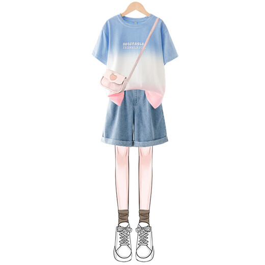 Yoyo One Set für Mädchen 2025 Neues Sommer Dopamine Kurzärärmelte Big Children's Trendy und Cool Outfit für modische zweiteilige Sommer-Set 1429 White + 9928 Purple 160 160 cm