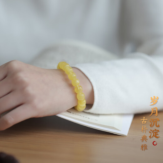 Longyin beeswax bracelet for women, Russian material, white flower nectar, chicken oil, yellow amber Buddha beads bracelet, men's single circle toy birthday gift, 8mm*9mm bucket bead style