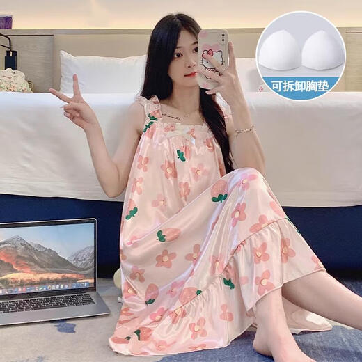 莫代尔睡裙女夏季薄款自带胸垫冰丝凉感吊带睡衣女士甜美可爱家居服春秋 1355可拆卸胸垫# L 95-120斤