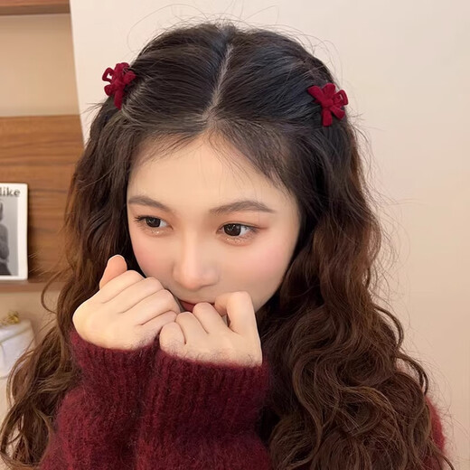 Nanbomaru New Year's Red Flocked Bow Small Clamp Female Princess Head Side Clip Bangs Hair Clip Hair Ornament Hair Clip NWFJ133 Red 4 pcs