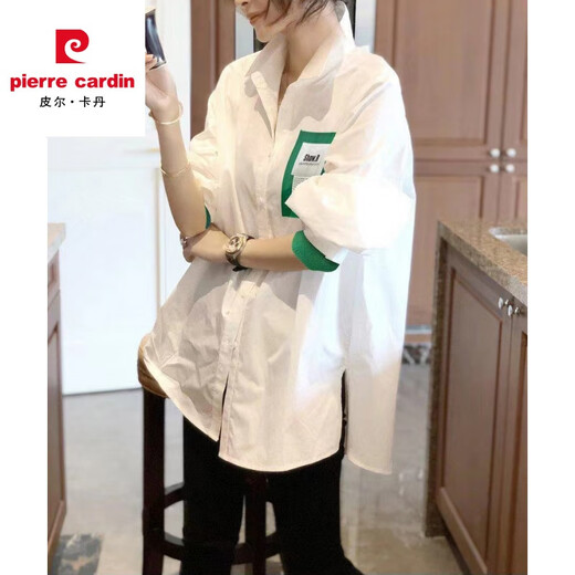 Pierre Cardin European station 2025 spring and summer white mid-length long-sleeved shirt women's loose large size fashionable casual cotton shirt white 6081# in stock 3XL recommended 146-155