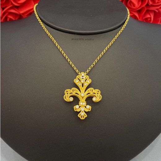 Shien ancient method point diamond palace style iris flower necklace for women 18K gold 1855 handed down gold retro brushed pendant clavicle chain large ancient method iris flower necklace