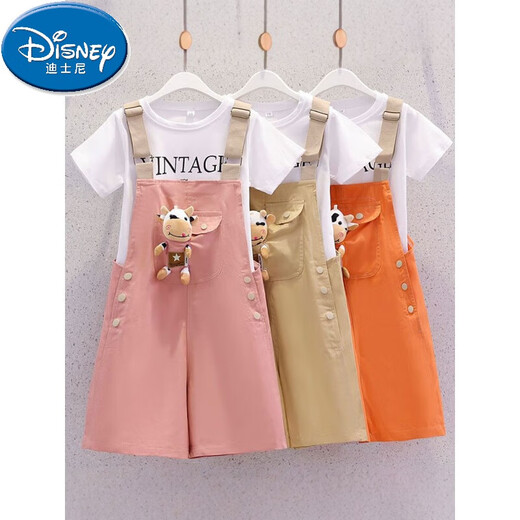 Disney Girls Kurzärärmungsanzug Sommer 2025 Neue Kinder mit mittlerer Ärmel Casual Little Girl Mode-Gurt-Shorts T-Shirt Khaki (Kurzärärmelte + Overalls) 150 Empfohlene Höhe von 145 cm