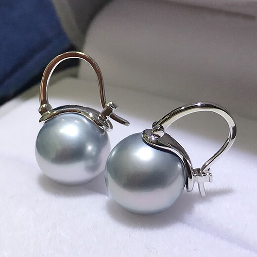 Fujiu Platinum Gray Natural Tahitian Earrings Black Pearl Earrings 18K Gold Dong Qing Same Style Earrings Seawater Pearl Earrings Platinum Gray Pearls 14-14mm