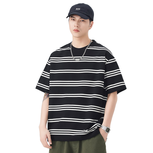 Kurentou High-End T-Shirt Herren kurzärmelig 2025 Sommer Neues runder Hals gestreift