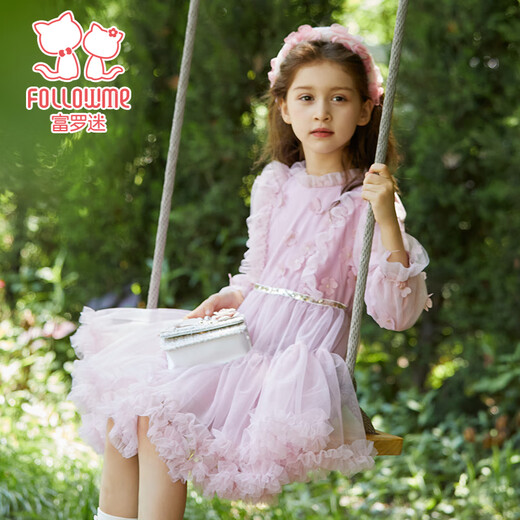 Fuluo Mi Girls Dress Spring and Autumn Sweet and Fashionable Little Girl Mesh Princess Dress Pink 130