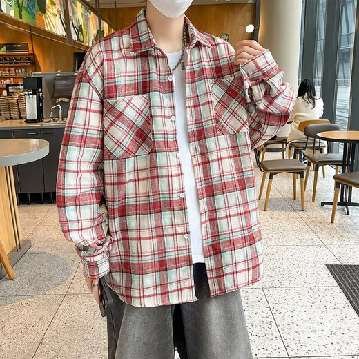 美式长袖衬衫男生春夏季宽松翻领格子衬衣复古潮流休闲百搭外套男 CRYZ687黄色 3XL