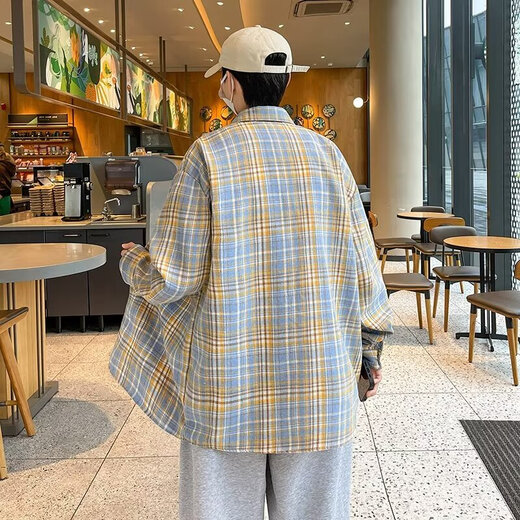 美式长袖衬衫男生春夏季宽松翻领格子衬衣复古潮流休闲百搭外套男 CRYZ687黄色 3XL