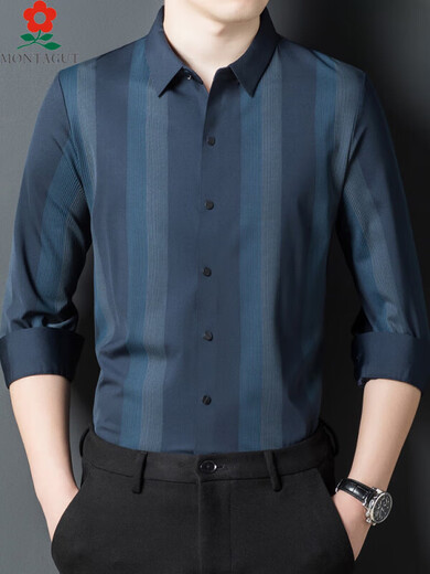 Mengtejiao men's mulberry silk long-sleeved shirt spring middle-aged business casual striped non-iron shirt 9922-purple red one size 165/M suitable for 100-115Jin [Jin equals 0.5 kg]