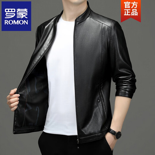 ROMON Spring and Autumn Haining Leather Men's Middle-aged Pure Leather Jacket First Layer Imitation Sheepskin Dad Casual Jacket Black Stand Collar 3XL 170-190